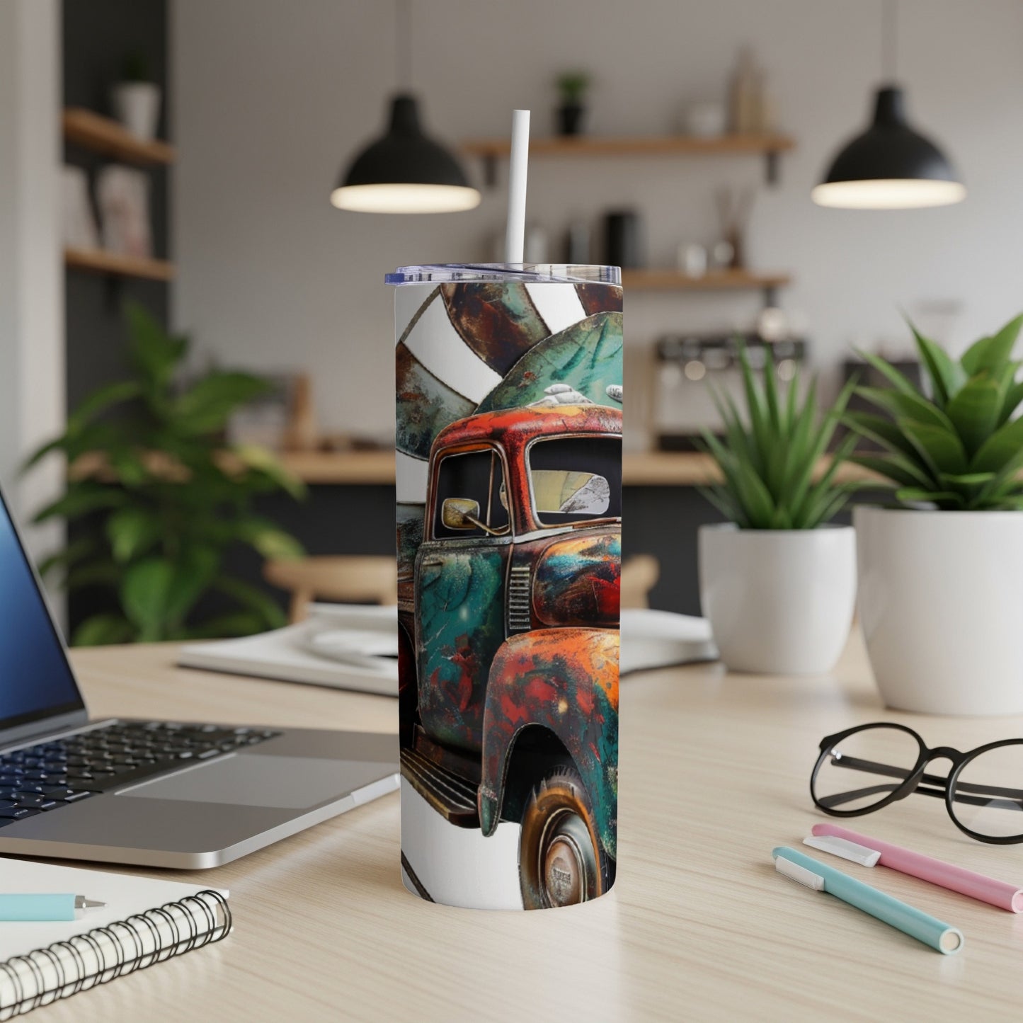 Rustic teal and orange distressed truck graphic on a white tumbler.