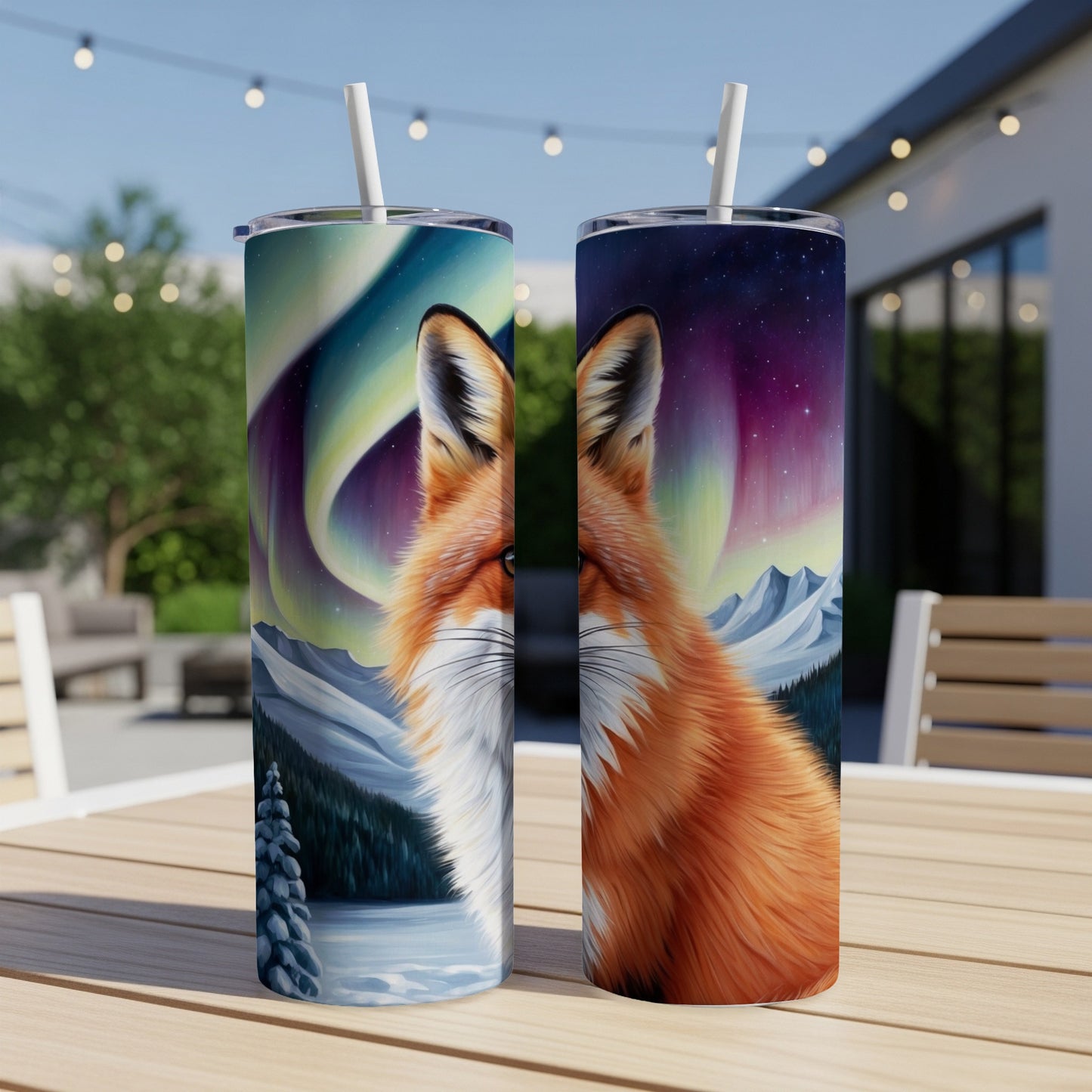Fox in front of aurora borealis on a tumbler.