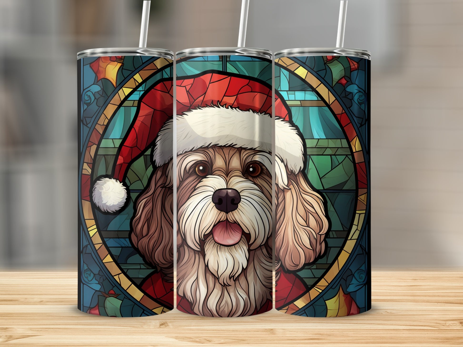 Stained glass tumbler featuring a dog wearing a Santa hat.