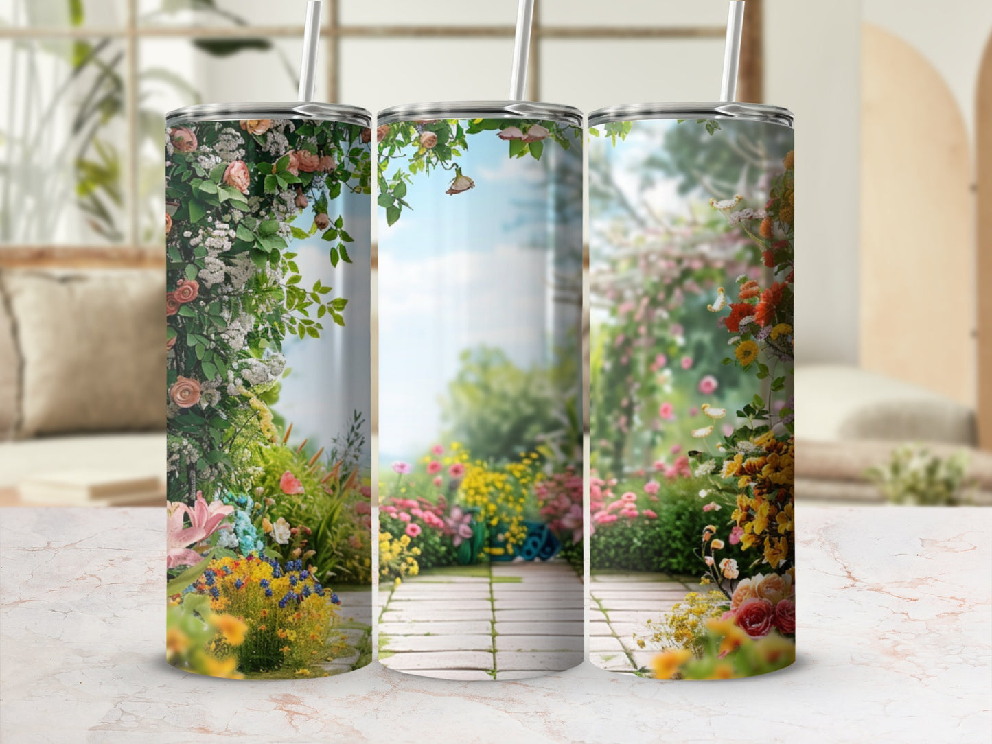 Floral garden path with butterflies, colorful flowers, and greenery.