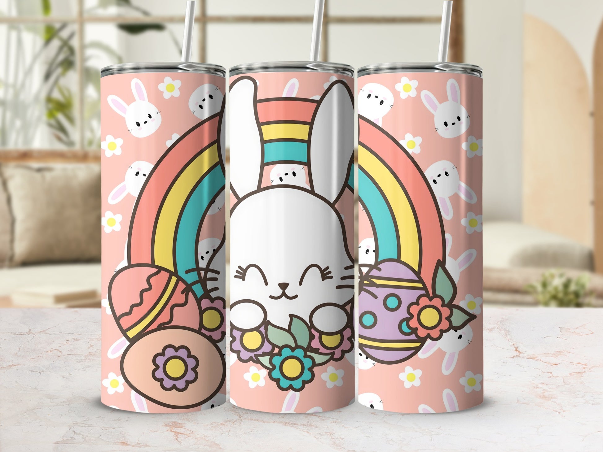 Cute Easter Bunny with Rainbow and Eggs Tumbler