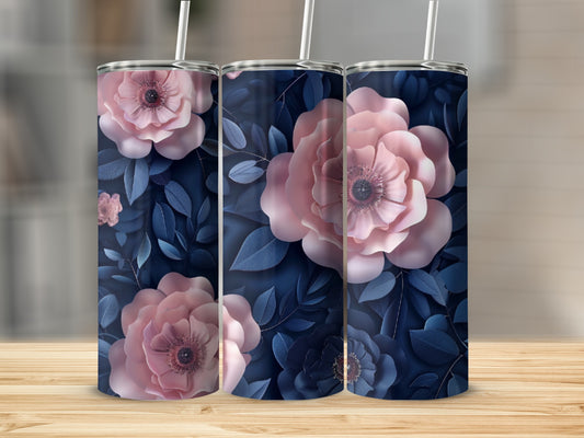 Three tumblers with large pink flowers and navy blue leaves pattern.
