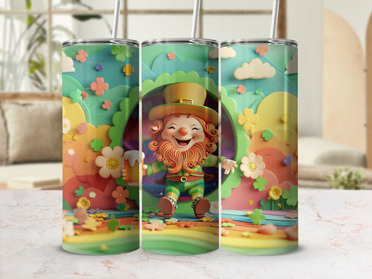 Leprechaun with beer mug on St. Patrick's Day themed tumbler.