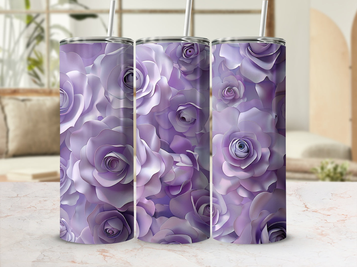 Three tumblers with a lavender rose floral pattern.