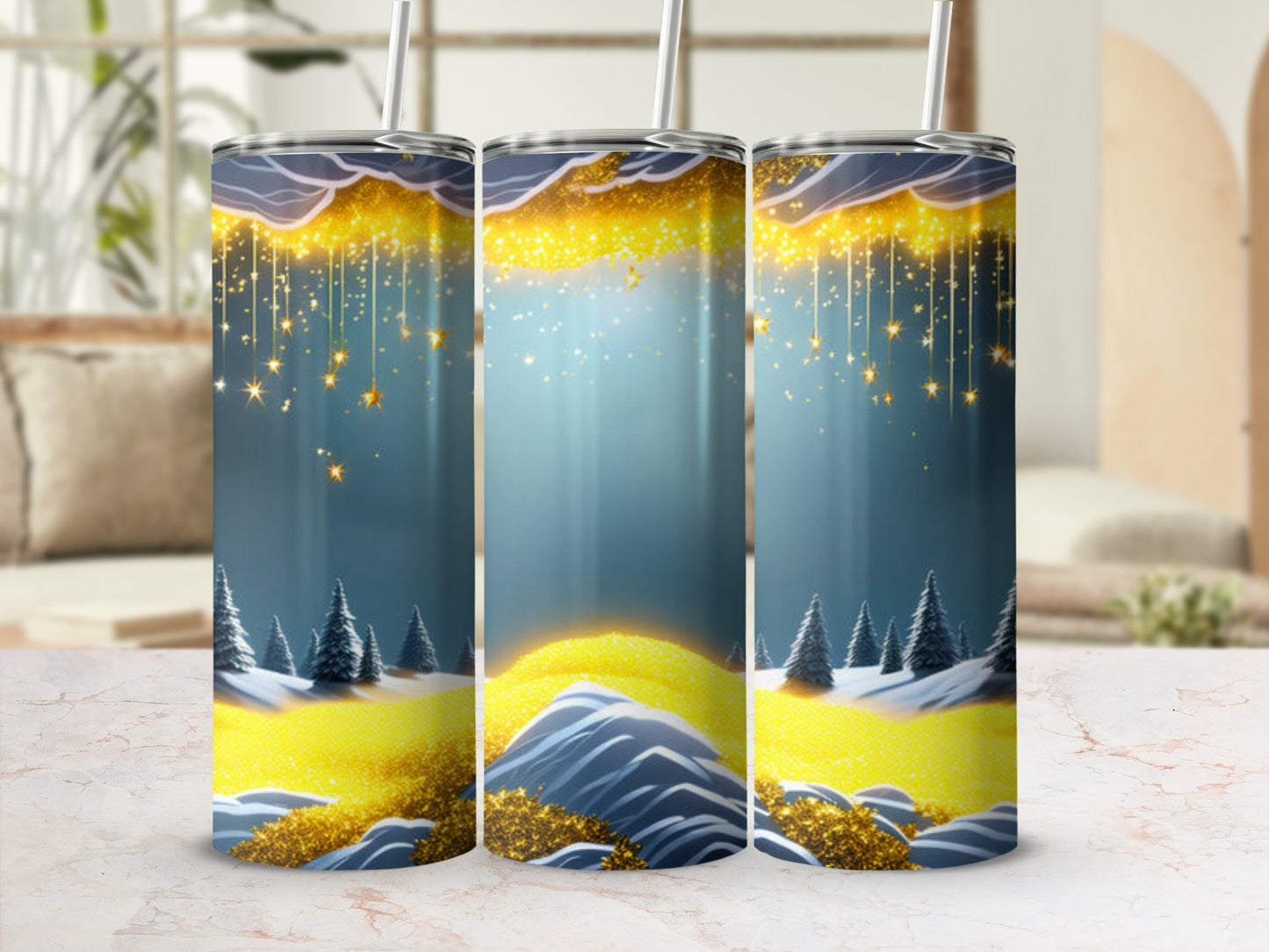 Three tumblers with a winter starry sky and glittery gold landscape design.