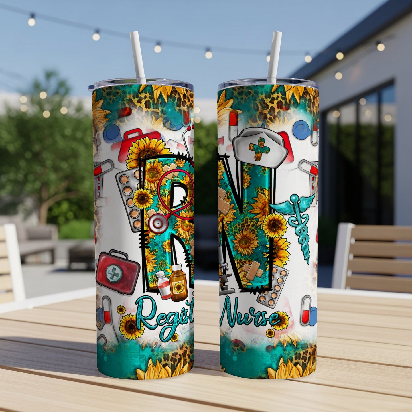 Two tumblers with "Registered Nurse" and medical symbols on a sunflower background.