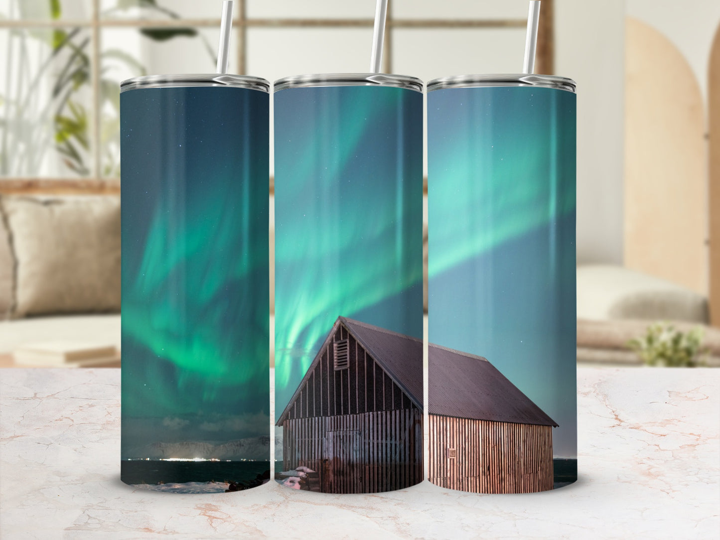 Stunning Northern Lights Barn Scene Tumbler