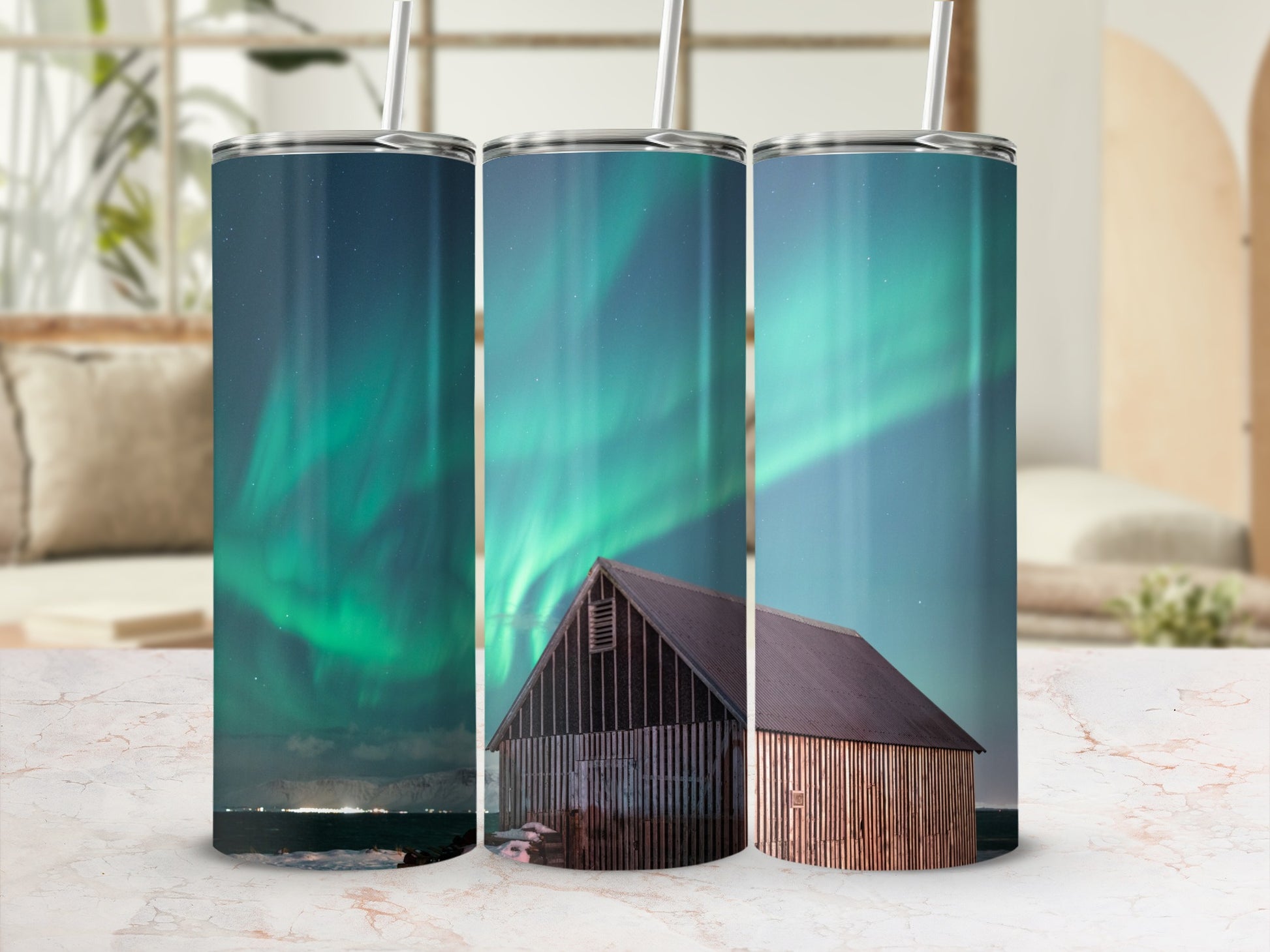 Stunning Northern Lights Barn Scene Tumbler