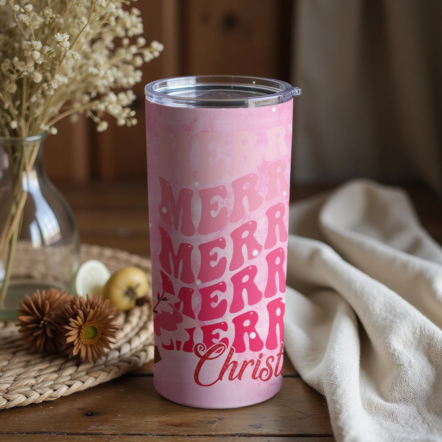 Merry Christmas Pink Holiday Tumbler for Festive Drinks