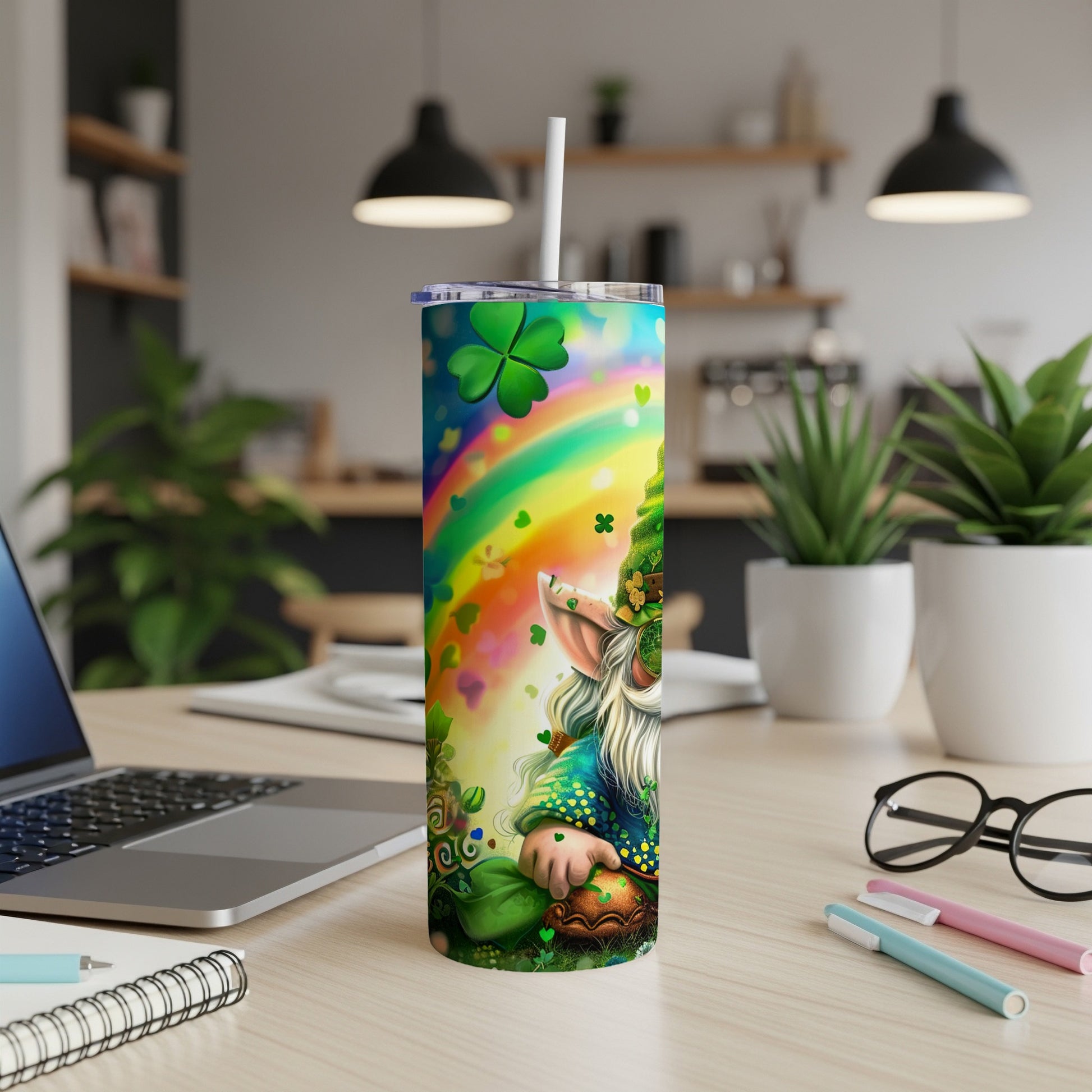 Green gnome with rainbow, shamrocks, and lucky clover on a colorful tumbler.