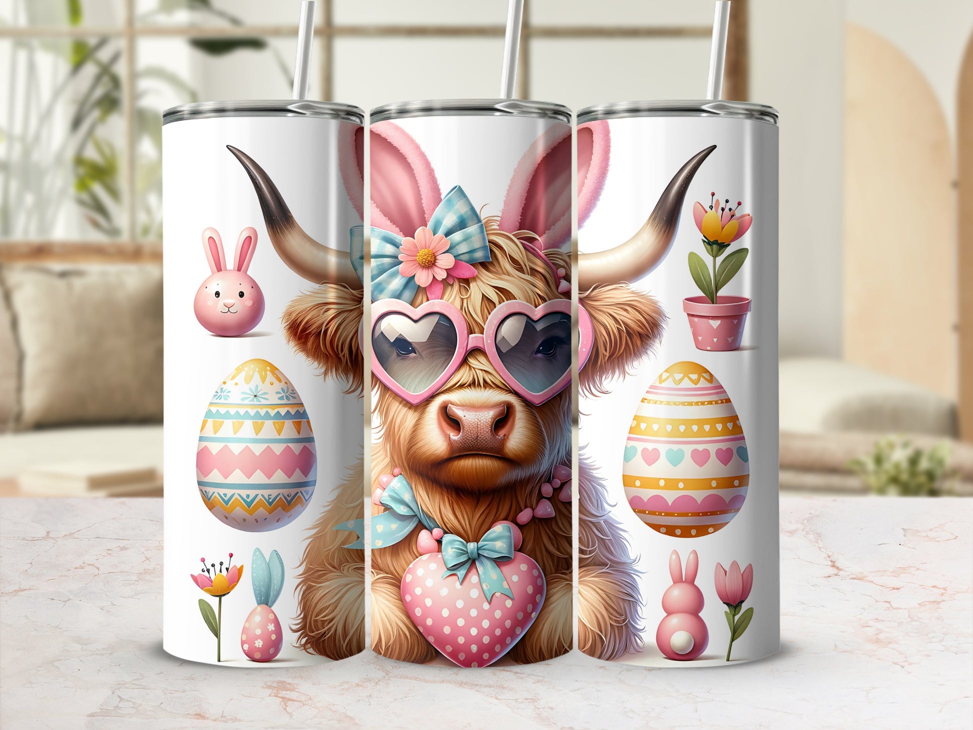 Easter cow with heart sunglasses and bunny ears on a tumbler.