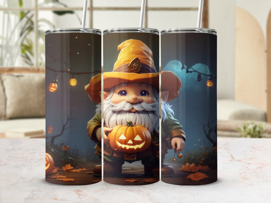 Halloween gnome holding a lit pumpkin, wearing a wizard hat.