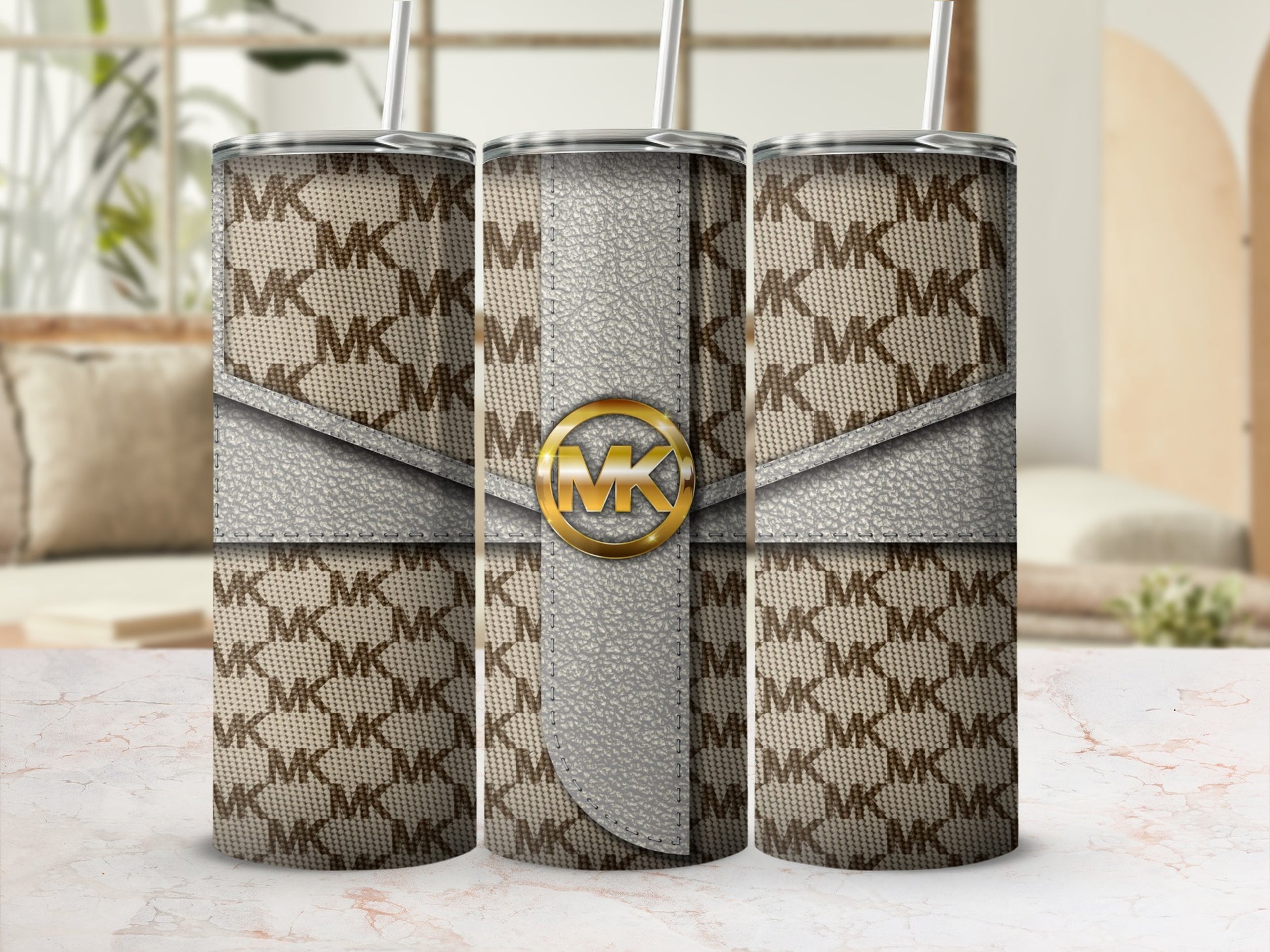 MK Patterned Insulated Tumbler with Lid and Straw