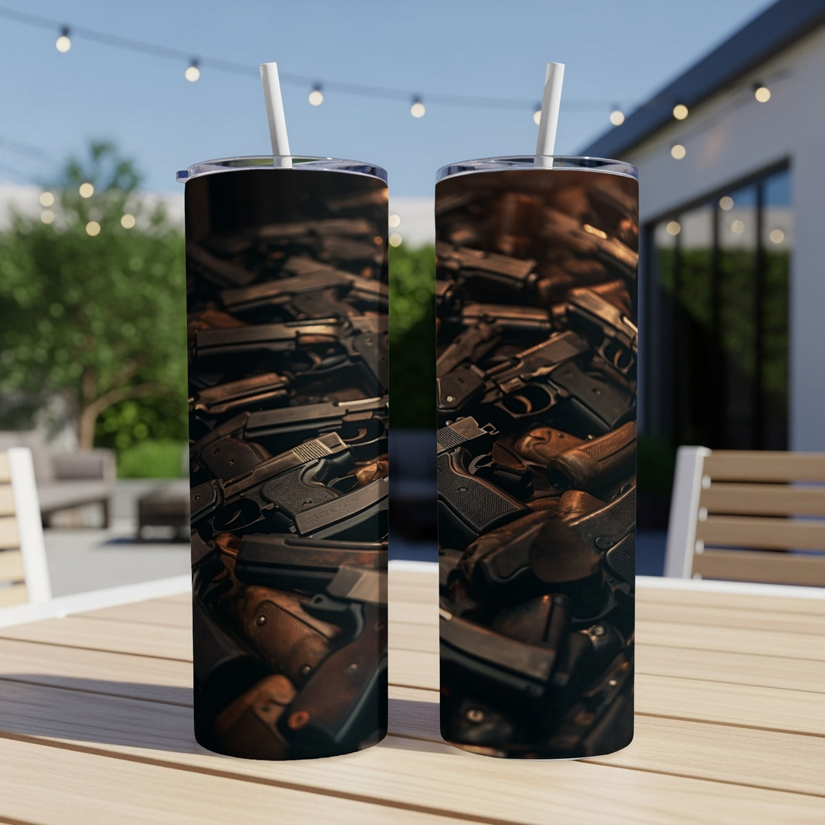 Two tumblers with a close-up pattern of stacked handguns on a wooden table.