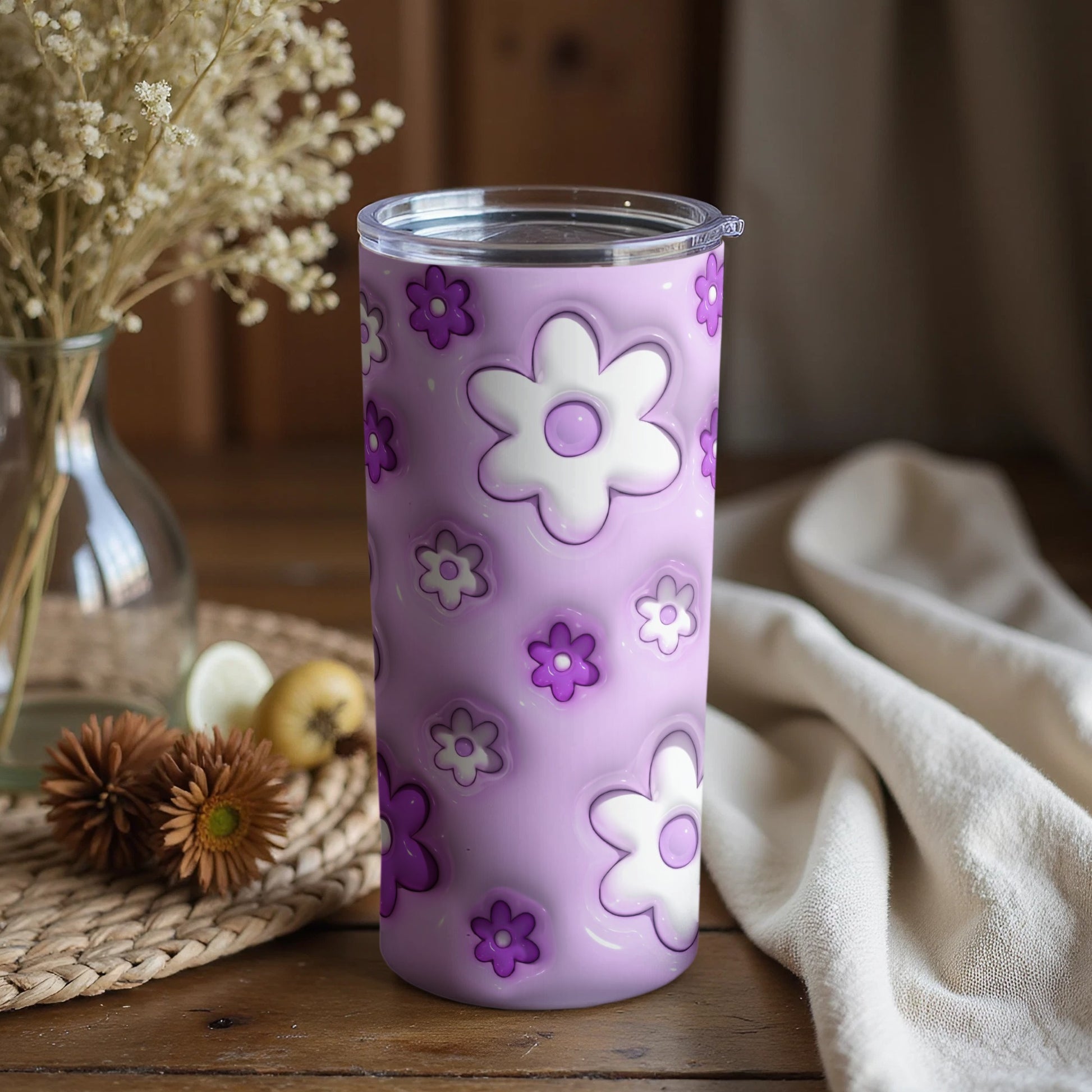 Purple and White Floral Patterned Tumbler Cup