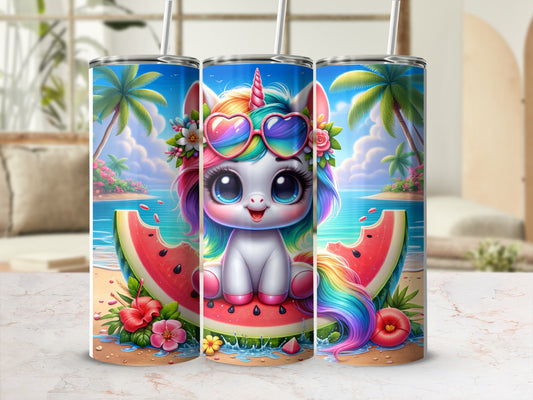 Unicorn with rainbow mane on watermelon slice at beach, wearing heart sunglasses.