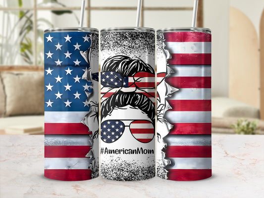 Three tumblers featuring American flag design and "American Mom" text.