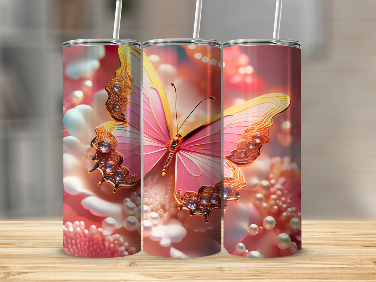 Pink butterfly on a floral background with pearl accents, shown on three tumblers.