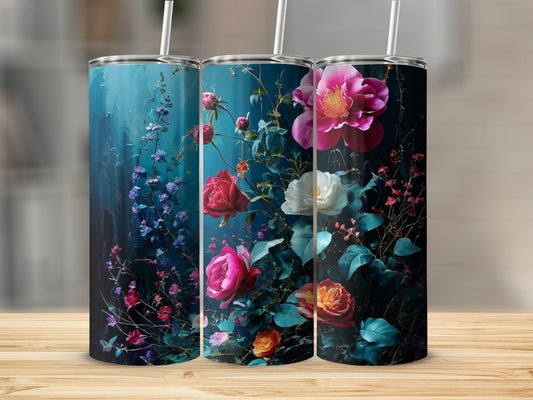 Three tumblers with floral designs, featuring roses and blue flowers.