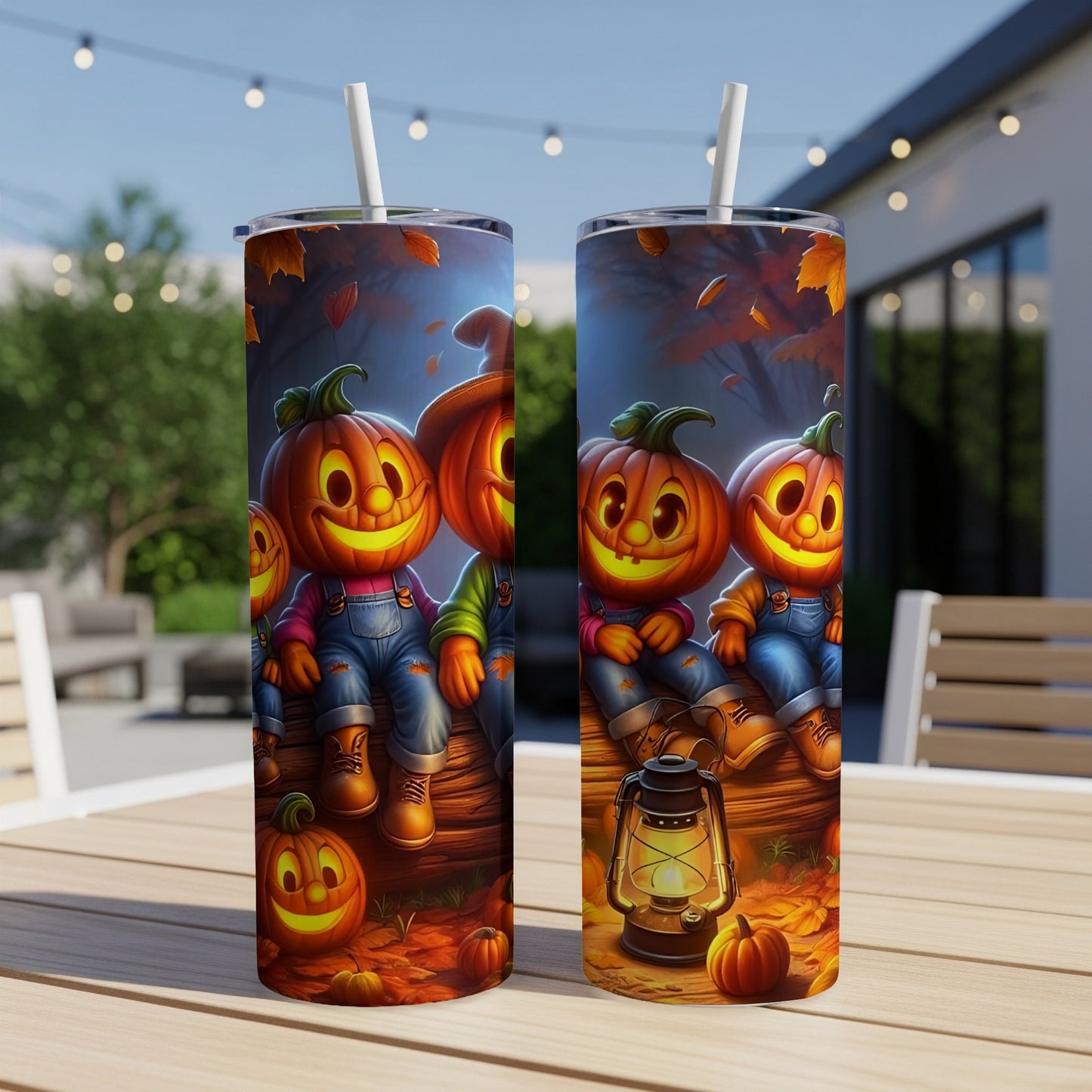 Two tumblers with Halloween pumpkin characters sitting on a log with a lantern.