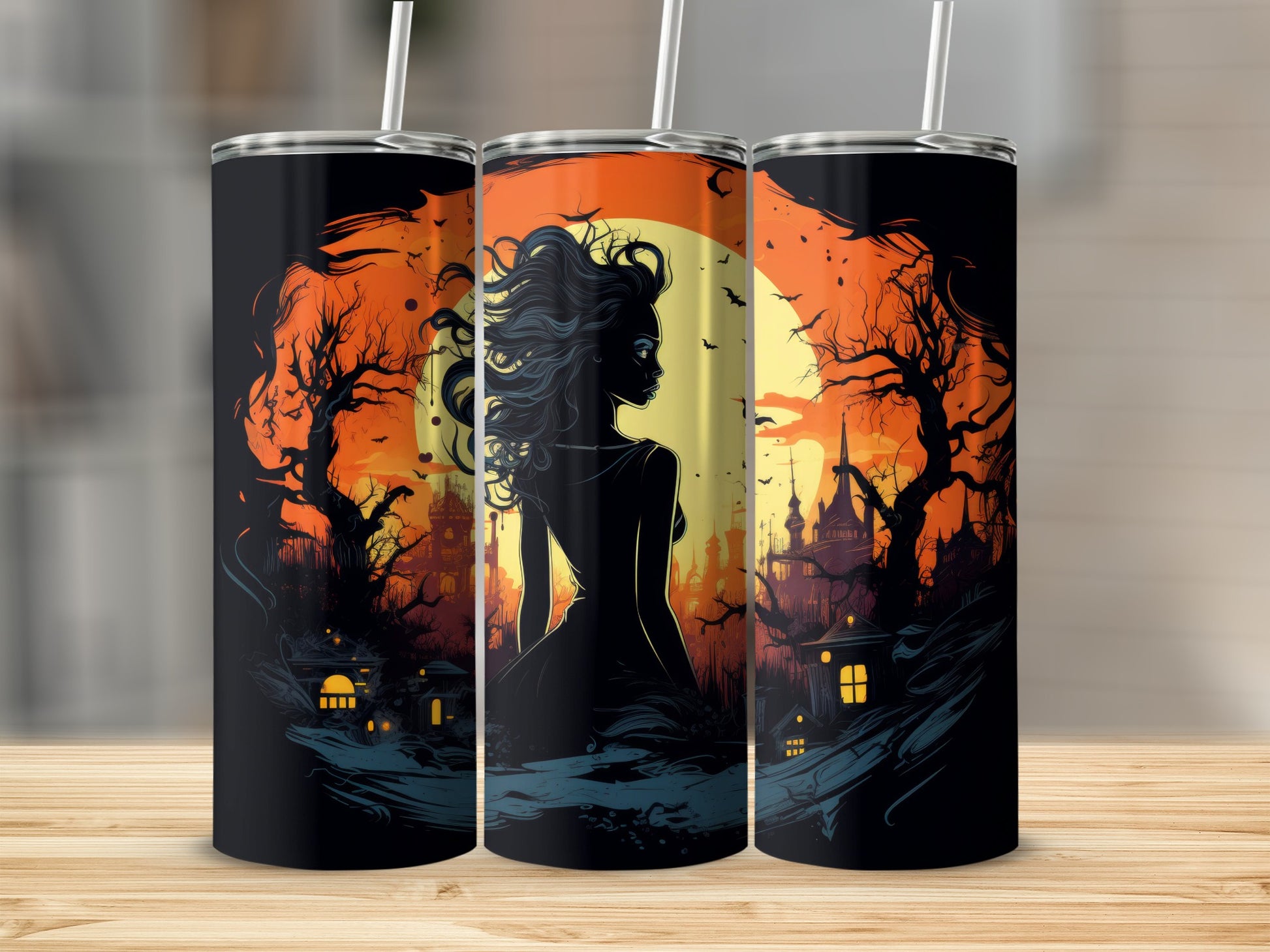 Three tumblers display a Halloween-themed illustration of a woman against a moonlit haunted scene.