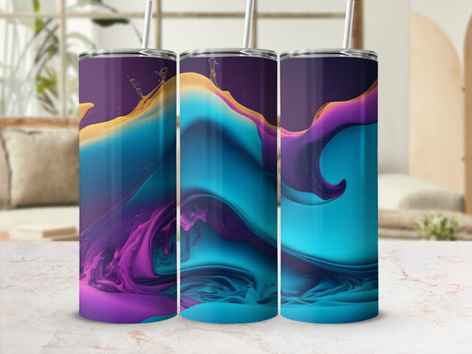 Three tumblers with abstract purple, blue, and yellow paint swirls.