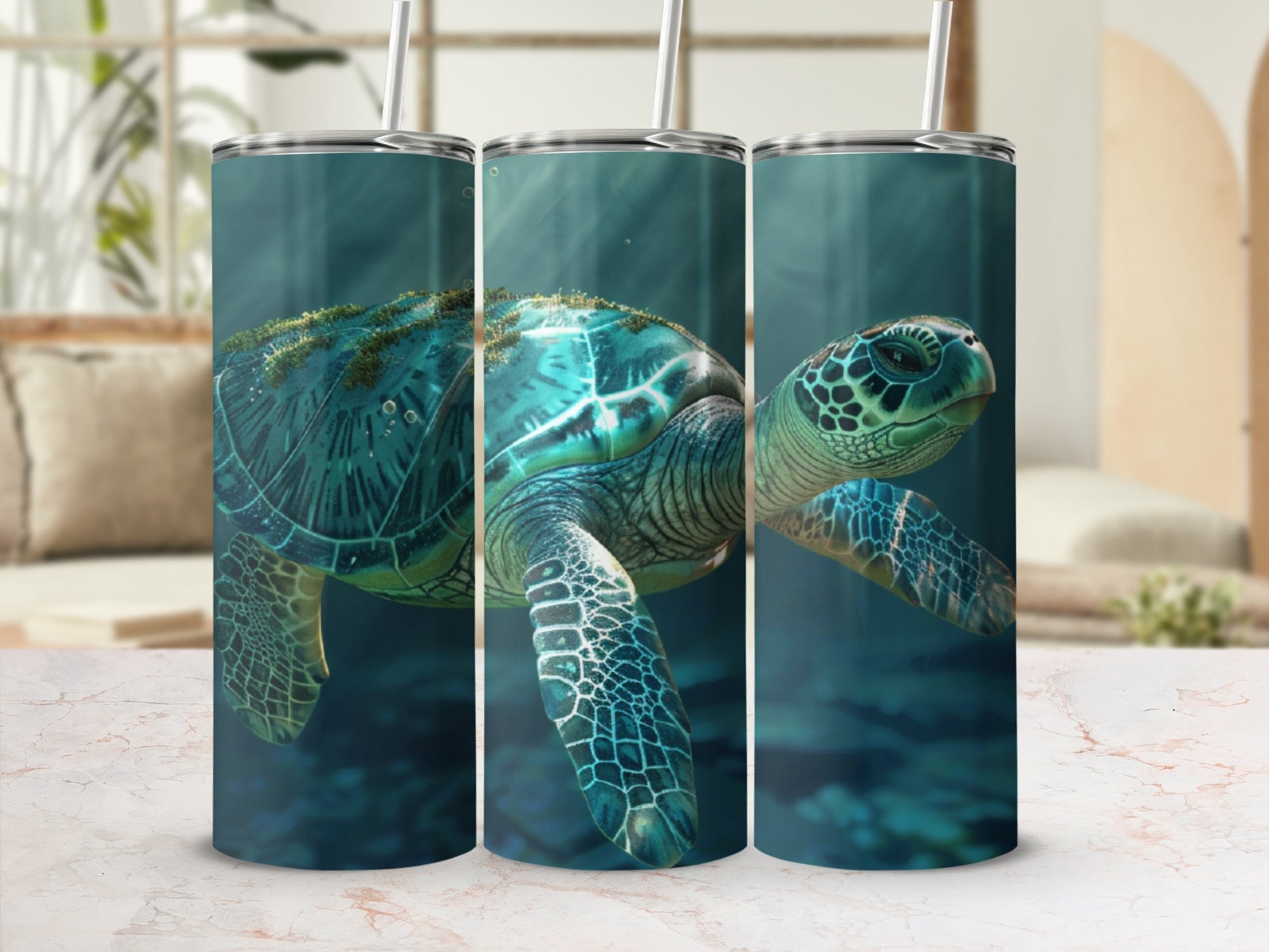 Green sea turtle swimming underwater with patterned skin and straw.