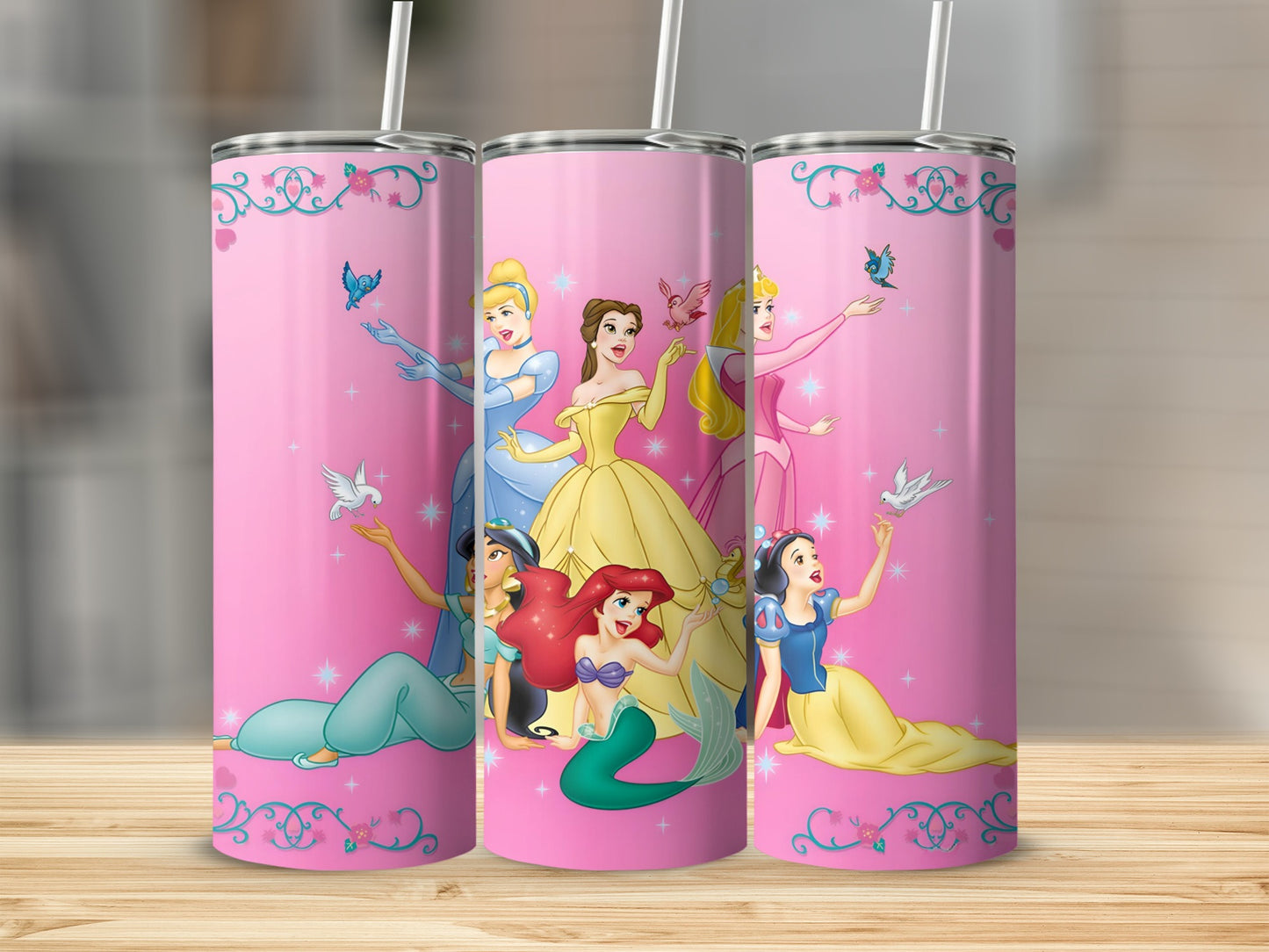 Pink Tumbler with Popular Cartoon Princess Characters