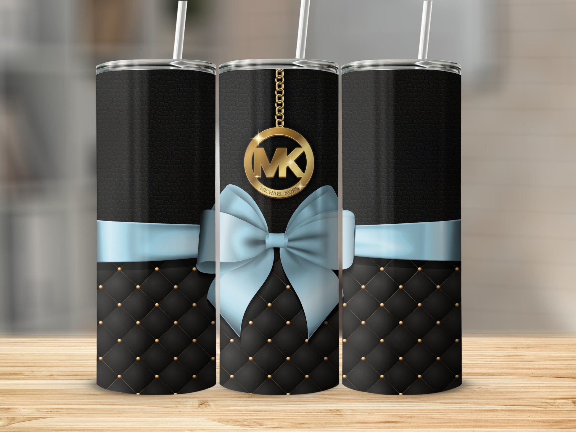 Elegant Black Tumbler with Blue Bow and Gold Accent