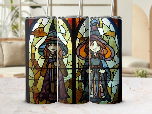 Three tumblers featuring stained glass witches and patterned backgrounds.