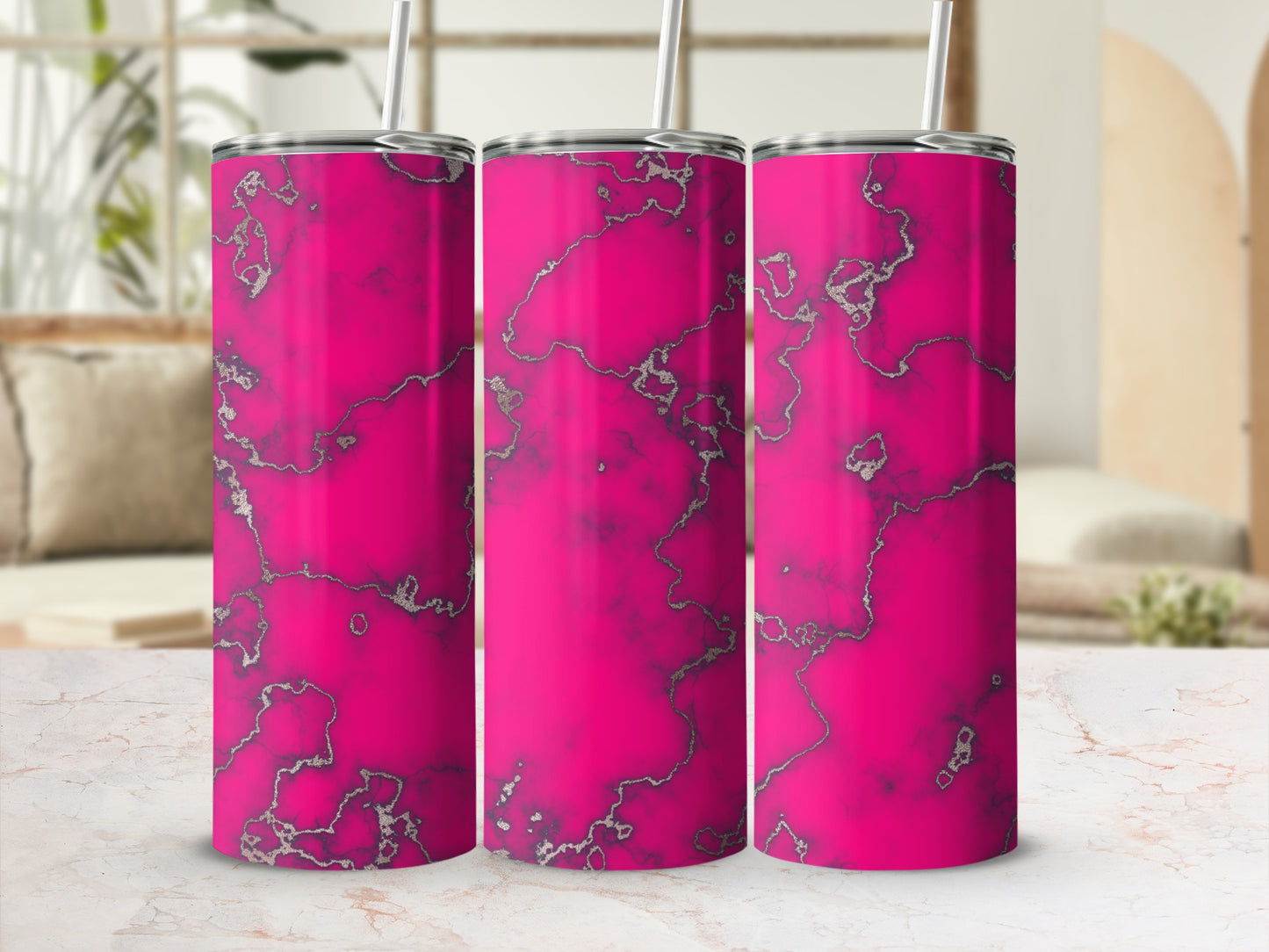 Three pink marble pattern tumblers with silver veining and straws.