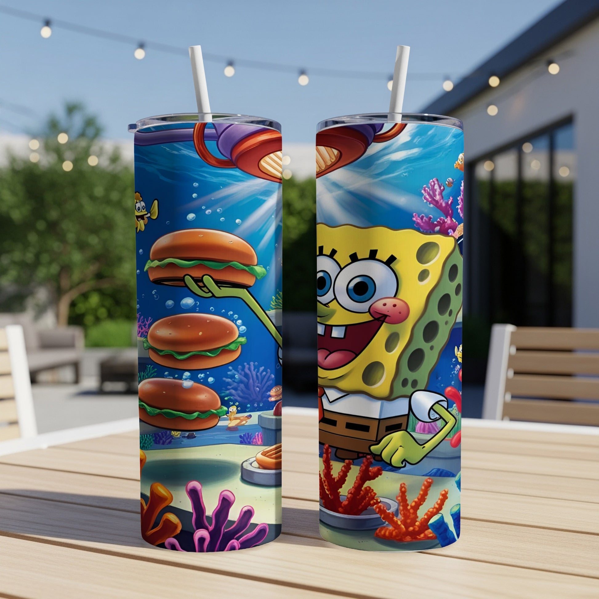 SpongeBob SquarePants holding three Krabby Patties underwater.