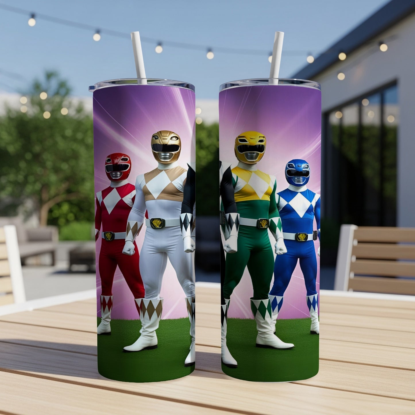 Power Rangers in red, white, gold, green, and blue standing on grass.