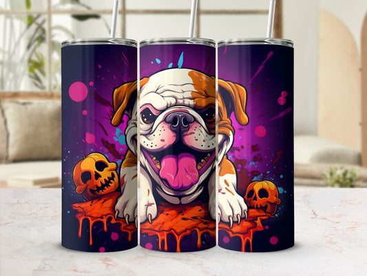 Bulldog and pumpkin illustration on three tumblers with straws.