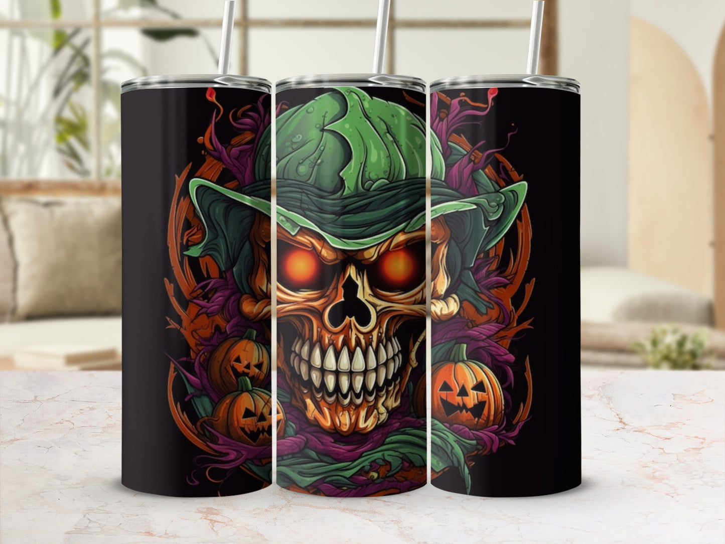 Three tumblers featuring a scary skull wearing a witch's hat and pumpkins.