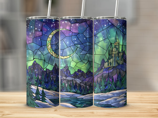 Stained glass tumbler with crescent moon, aurora borealis, and castle scene.