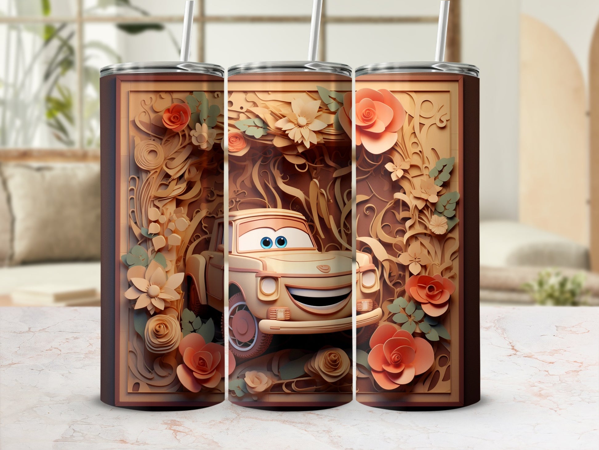 Cute Car and Floral Design Patterned Tumbler