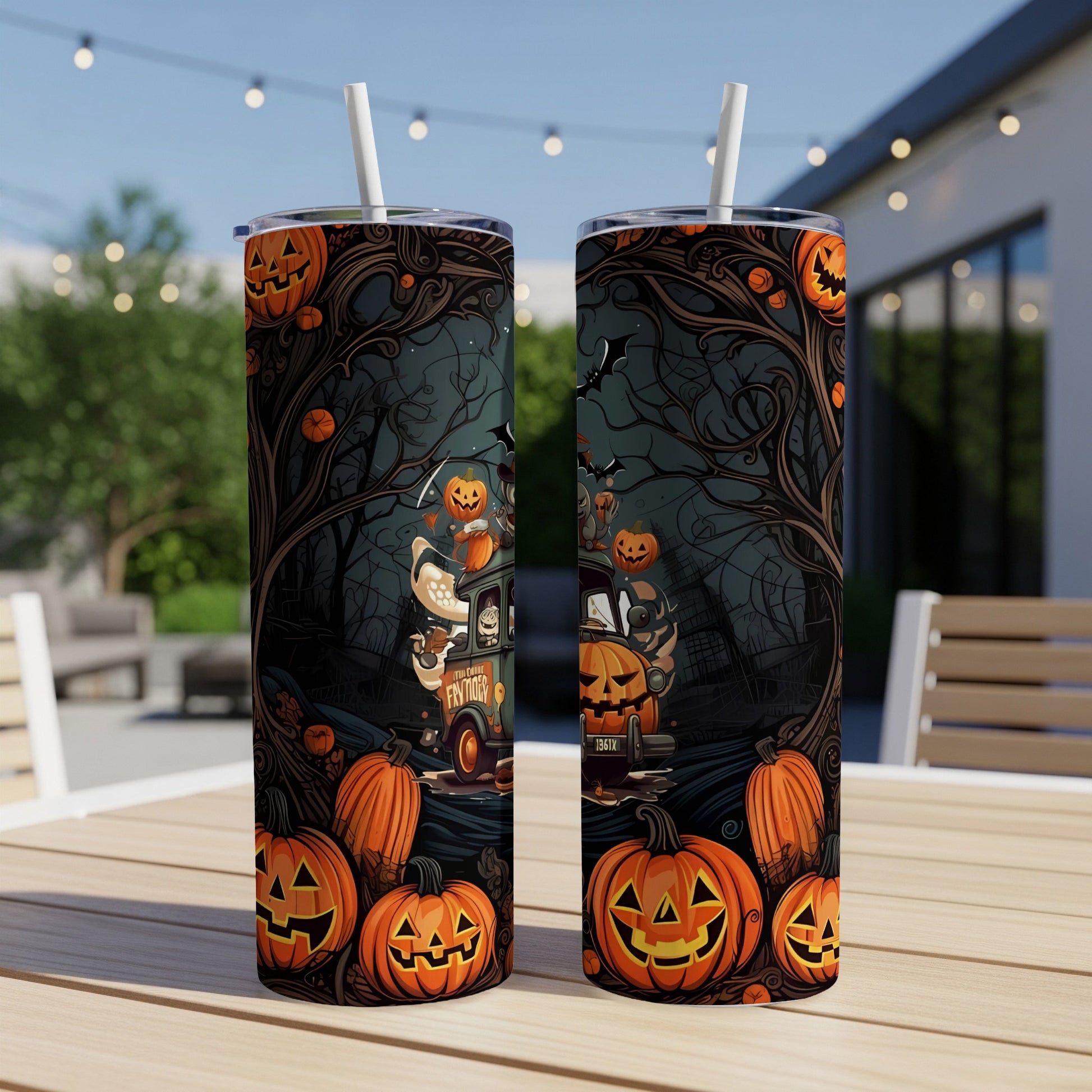 Two tumblers with Halloween pumpkins, spooky trees, and a vintage truck with the text "FRYTRUCK".