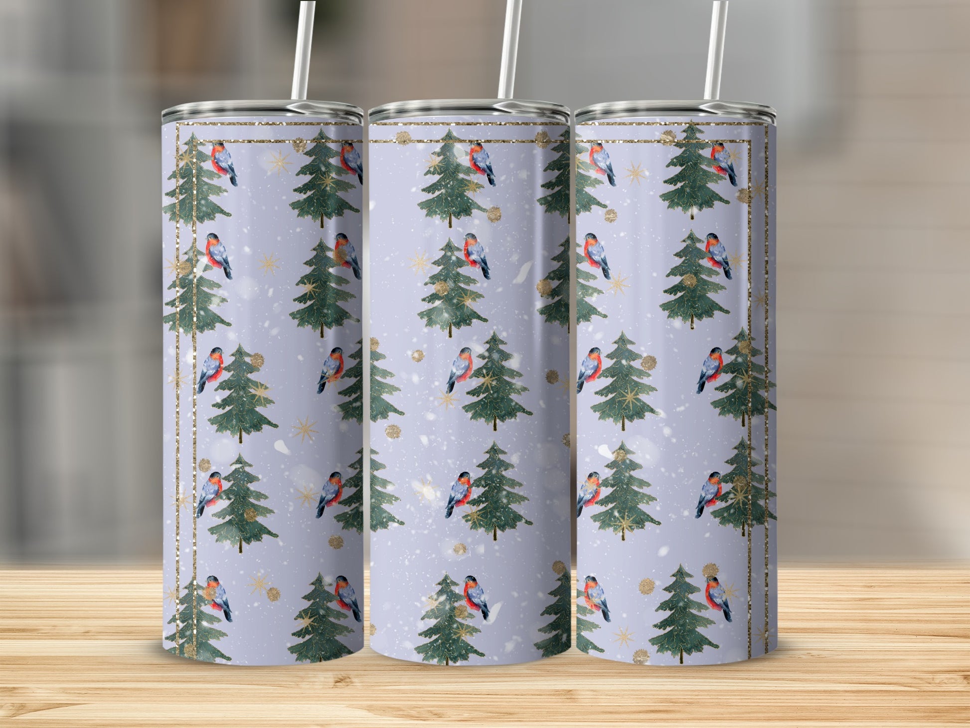 Three tumblers with a festive Christmas tree and bullfinch pattern.