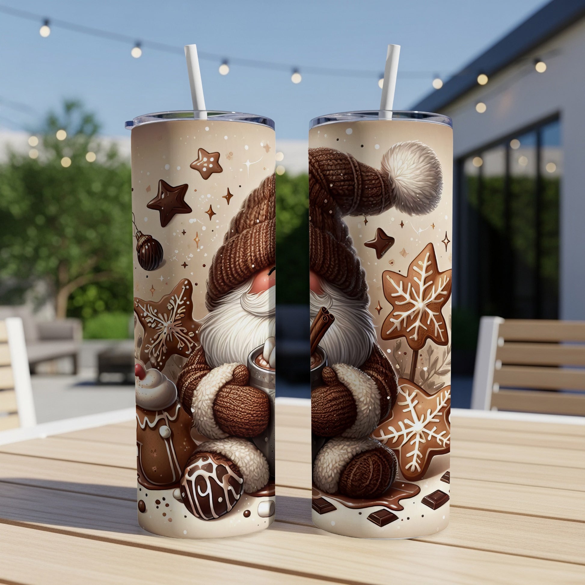 Two insulated tumblers with a gnome and gingerbread cookie design.