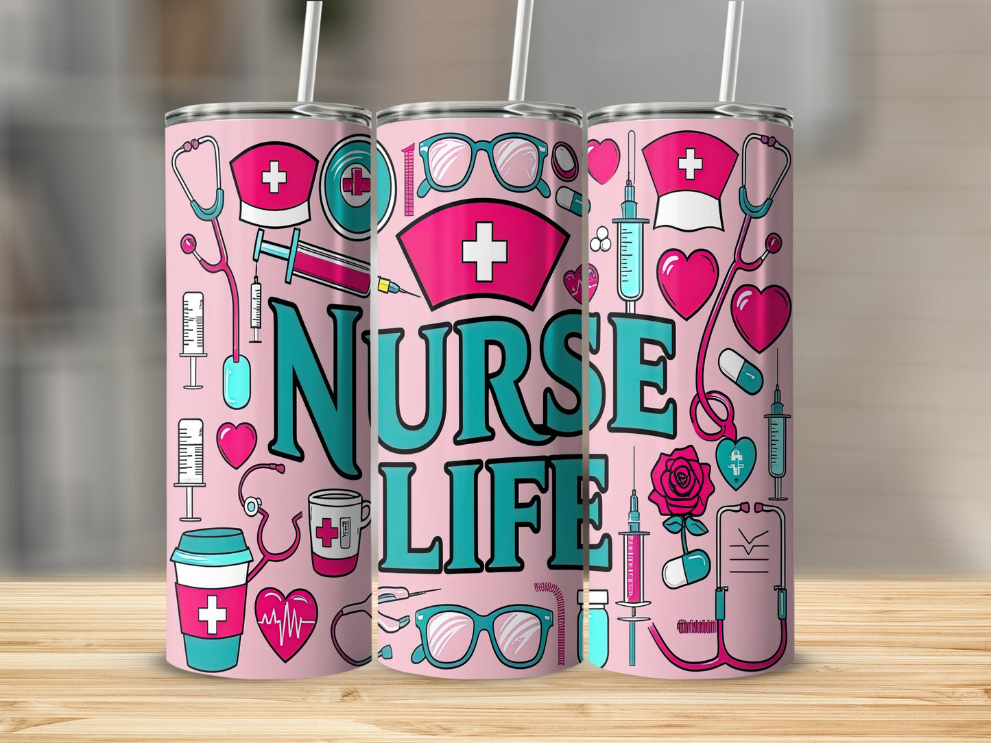 Tumbler with "Nurse Life" text and medical icons on a wooden surface.