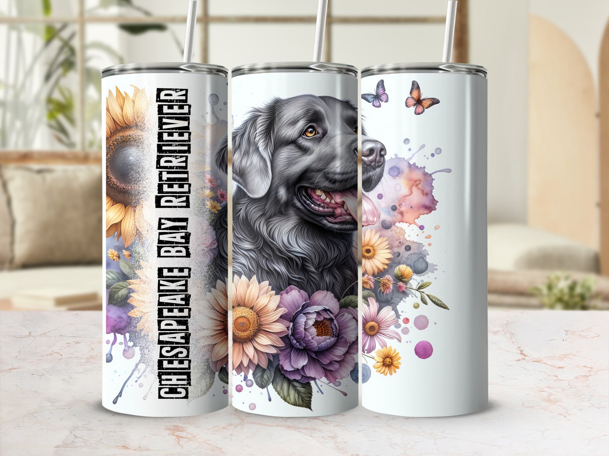 Chesapeake Bay Retriever with sunflowers and colorful watercolor splashes.