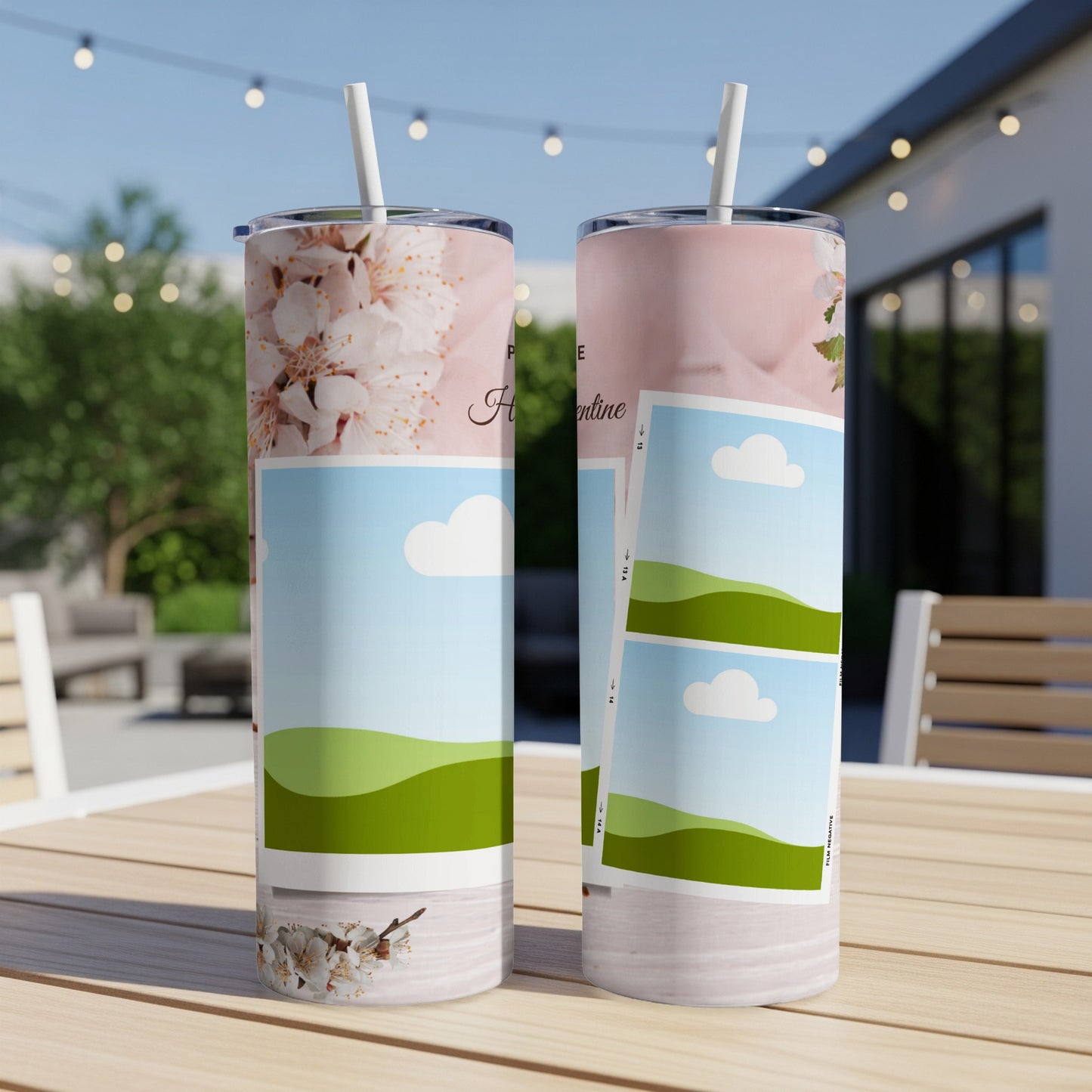 Two tumblers with cherry blossom and landscape photo collage designs.