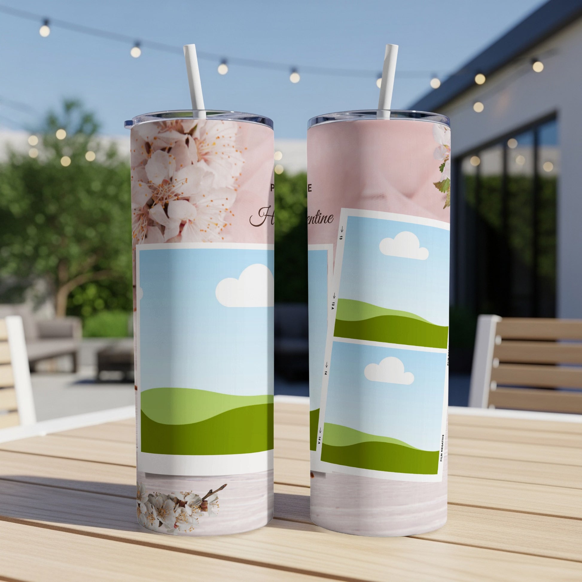 Two tumblers with cherry blossom and landscape photo collage designs.
