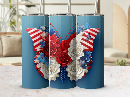 Three blue tumblers decorated with a patriotic butterfly design.