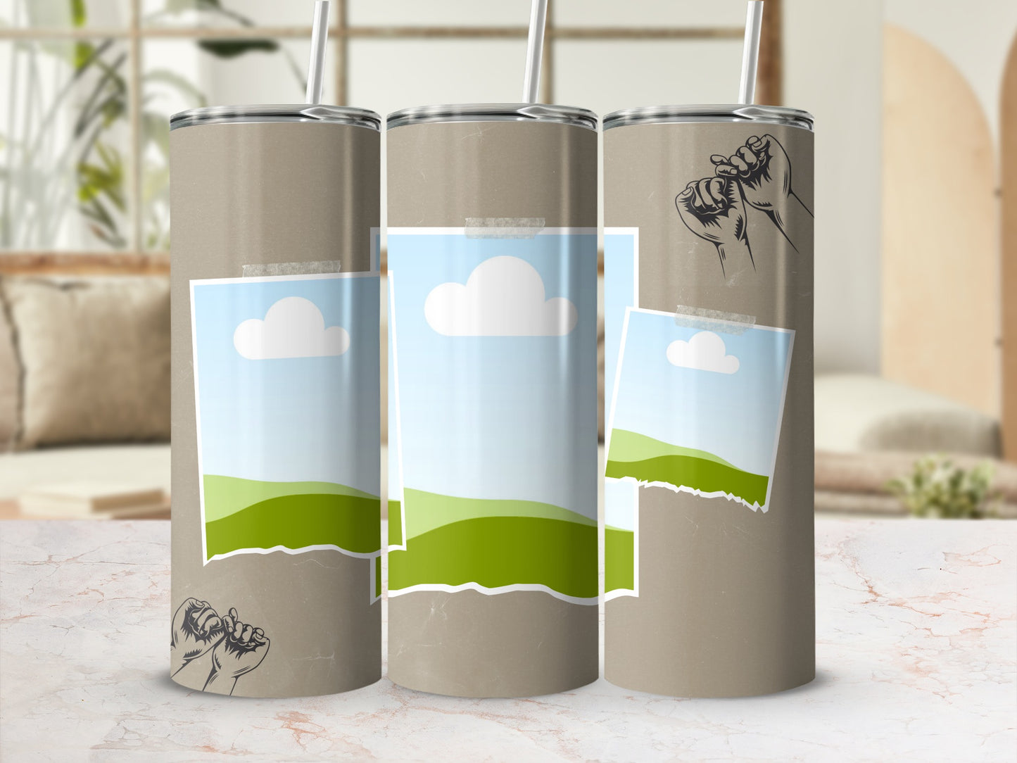 Three tan tumblers with blank photo placeholders and raised fist graphics.