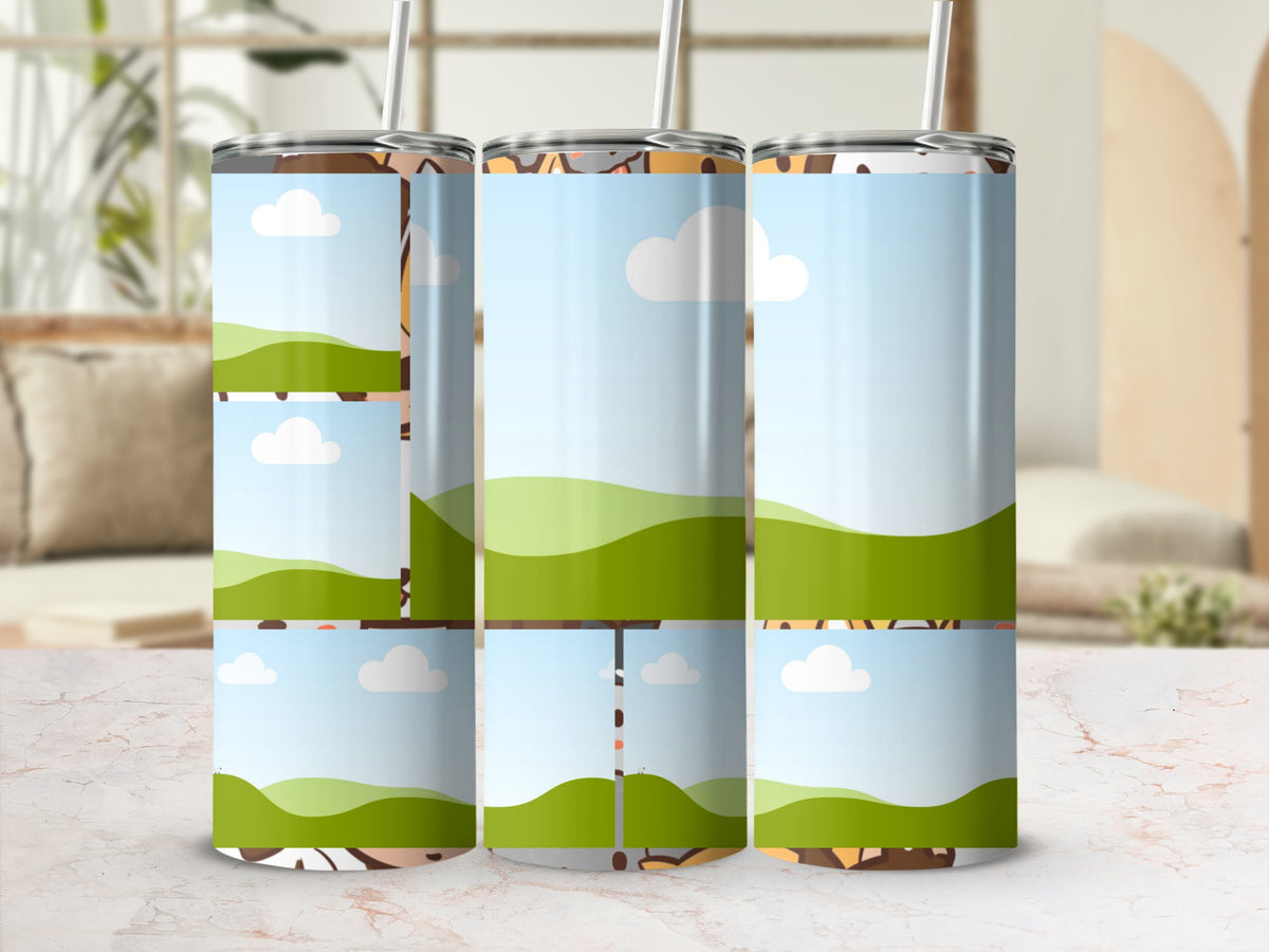 Three tumblers with a cartoon landscape and clouds design, each with a straw.