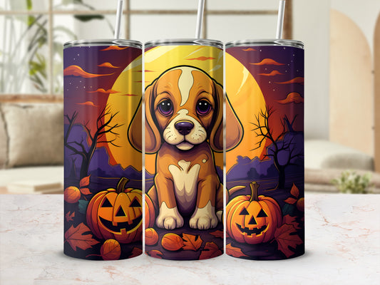 Cute dog with pumpkins and fall leaves on a Halloween-themed tumbler.