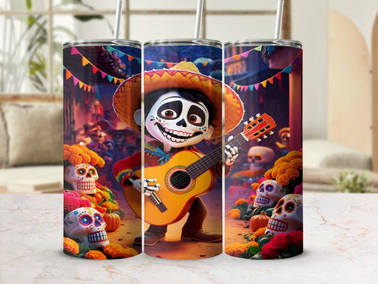 Day of the Dead character with guitar and sugar skulls design on a tumbler.