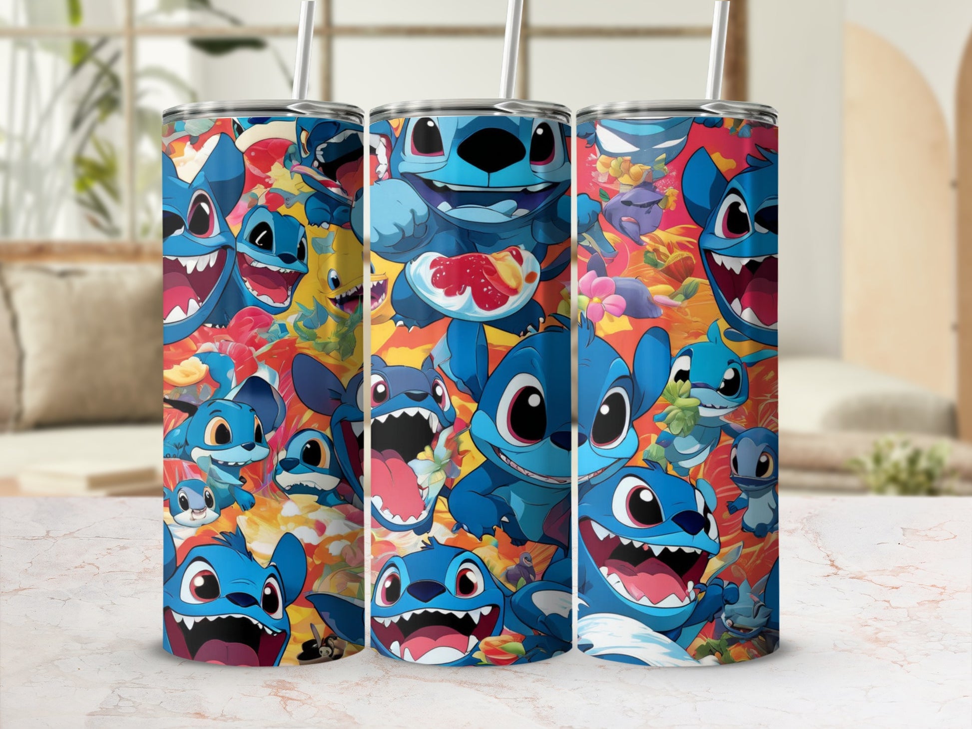 Three tumblers with Stitch characters in various playful poses and expressions.